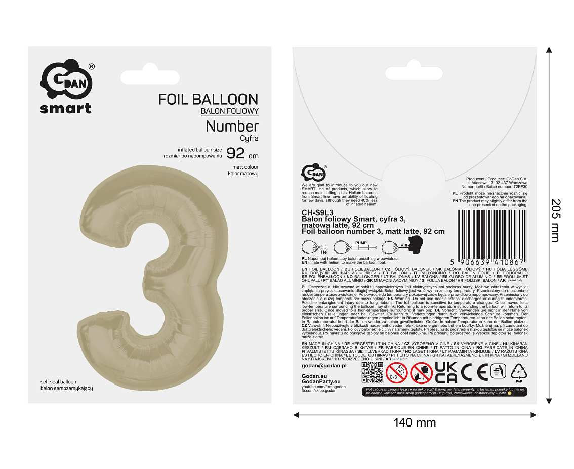 Foil balloon number 3, matt latte, 92 cm EOL
